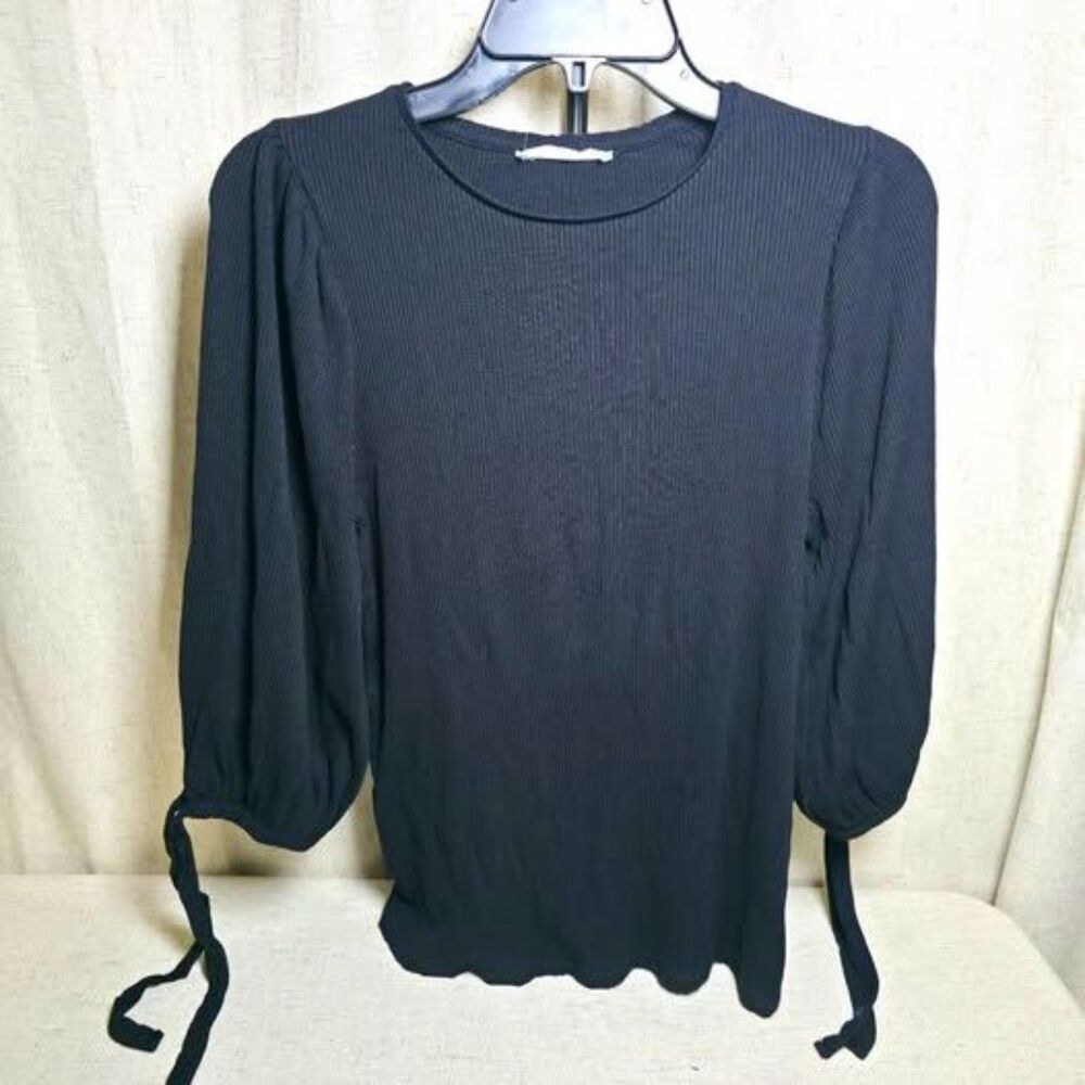 MNG Women's Black Ribbed Knit Puff 3/4 Sleeve Top Tie Cuffs Pullover M